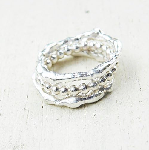 Artisan Stacking Rings, 10 Gauge Beaded Silver Stacking Rings, Set of Three