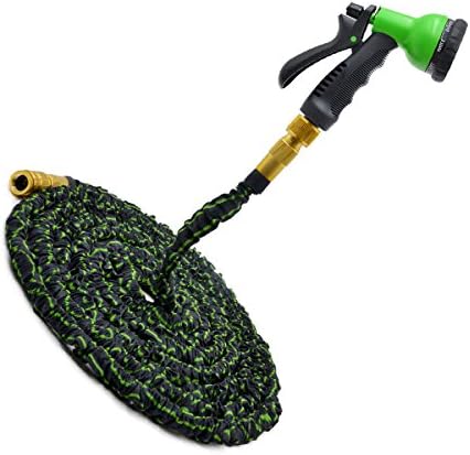 Deluxe Stronger Double Latex Inner Tube Prevent Leaking Strongest Flexible Solid Brass Garden Hose with Extra Strength Fabric and Professional Spray Gun Tap to Pressure Washer Suitable (Black-Green)
