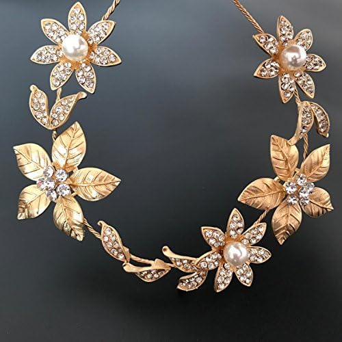 Ammei Gold Women's Bridal Headband Flower Leaves Design With Rhinestones Wedding Headpiece