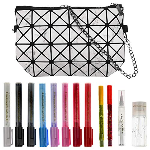 CoralBeau Nail Polish Pen Set - Nail Art Kit & Makeup Cosmetic Pouch - Nail Polish Bag Includes 8 Nail Polish Markers, 2 Fine Tip Nail Art Pens and More