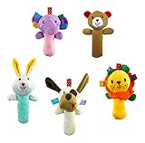 Liberty Imports 5 PCS Set Cartoon Stuffed Animal Baby Soft Plush Hand Rattle Squeaker Sticks for Toddlers