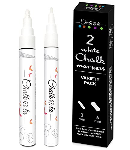 White Liquid Chalk Pens | Variety pack of 2 | 3mm Fine & 6mm Bold Size Markers | Dust Free, Water-Based, Non-Toxic Wet Erase Liquid Chalk Ink