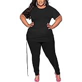PINSV Women's Plus Size 2 Piece Outfits Sweatsuits Short Sleeve Jogger Sets Tracksuit