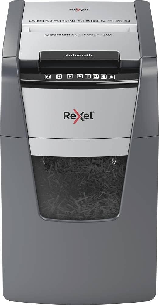 Rexel Auto+ 130X 2102559A Auto Feed 130 Sheet Cross Cut Shredder for Personal or Executive Use (Up to 2 Users), 26 Litre Removable Bin, Includes Shredder Oil Sheets, Black