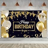 Happy 30th 40th 50th 60th Birthday Party Decoration, Extra Large Fabric Sign Poster for Happy Birthday Backdrop Background Banner, Happy Birthday Black Gold Party Supplies