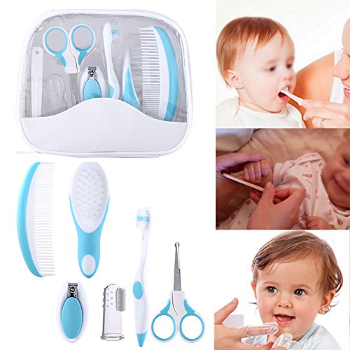 Baby Grooming Kit, 7pcs/Set Safe Hair Comb ToothBrush Nail Clipper Scissors Healthcare Daily Nurse Shower Tool Set with Carry Bag for Unisex Newborn Toddler Infant Girls and Boys Kids (Blue)