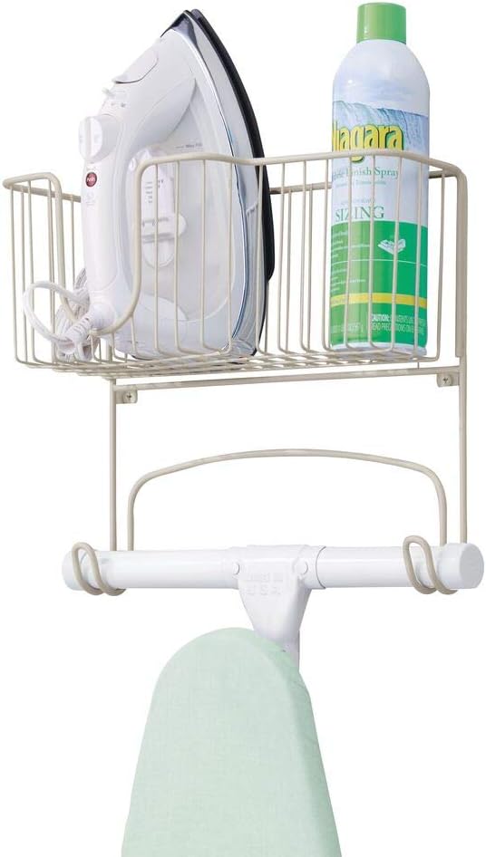 mDesign Metal Wall Mount Ironing Board Holder with Large Storage Basket - Holds Iron, Board, Spray Bottles, Starch, Fabric Refresher for Laundry Rooms - Satin: Home & Kitchen