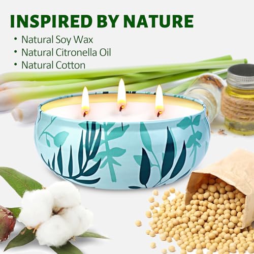 Citronella Candle Outdoor Large, 3 x 400 ml Outdoor Candles 3 Wick Natural Soy Wax Citronella Candle Garden Citronella Fragrance Candle Indoor Best Gift for Camping Picnic Patio - 90 Hours Burning