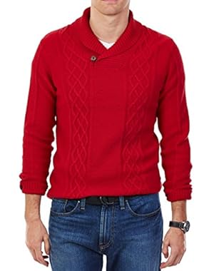 Ribbon Mens Large V-Neck Ribbed Shawl Sweater Red L