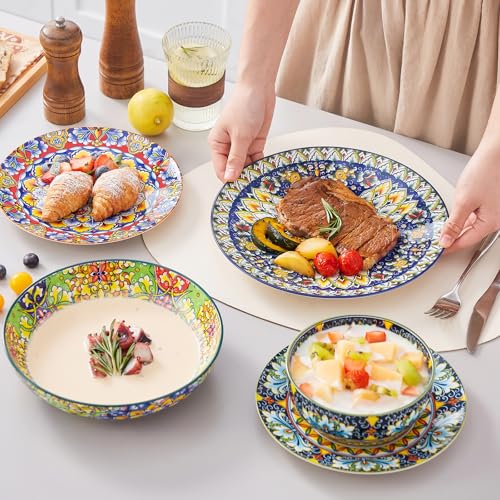 vancasso 24 Pieces Dinnerware Sets, Plates and Bowls Set, Porcelain Dishes Set for 6, Microwave and Dishwasher Safe, Scratch Resistant, Bohemian Style Dining Ware Service for 6, Series SIMI