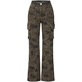 Women's High-Rise Camo Flared Trousers - Retro Slim Fit Camouflage Print Pants with Pockets