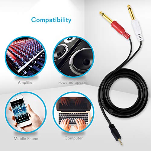 3.5mm to 1/4" Y-Cable Connection - 3.5mm Male Stereo to Dual 1/4'' Mono Y Cable Audio Cord- 6 ft 12 Gauge Black Heavy Duty Professional Speaker Wire - Delivers Sound - Pyle Pro PCBL43FT6