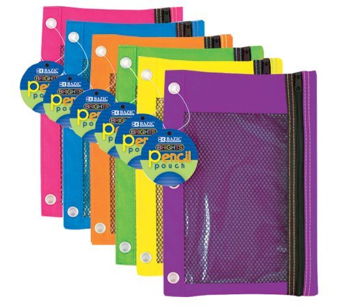 BAZIC Bright Color 3-Ring Pencil Pouch w/ Mesh Window (6-Pack) - Colors May Vary