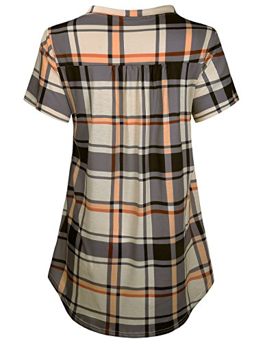 SeSe Code Business Casual Clothes for Women Ladies Short Sleeve Shirts Work Plaid Pattern Flared Bottom A Line Blouse T Shirt Tunic Grey and Beige Medium
