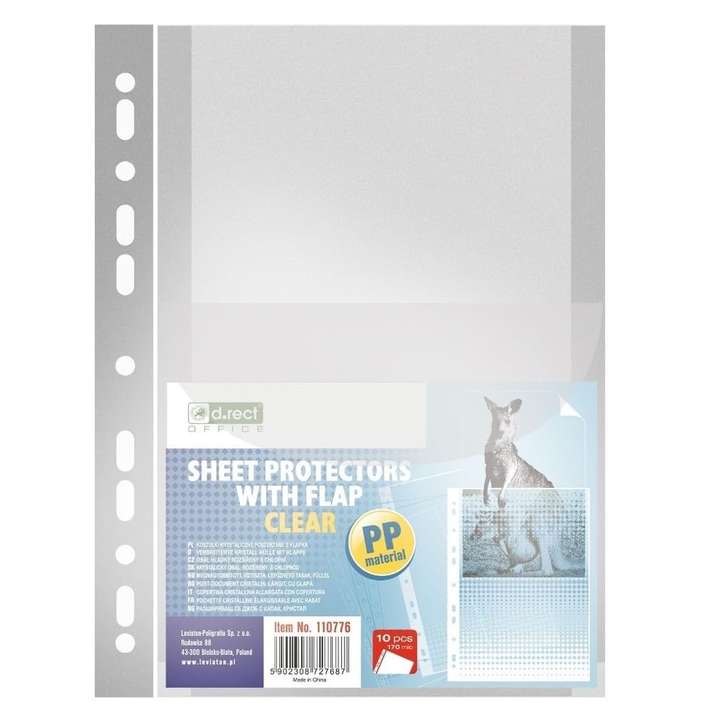 D.RECT 10 Pieces Wide Punched Pockets A4 - A4 Plastic Sleeves with Flap - Polly Pockets 170 µm/mic/Micron Thickness: 0.17 mm - Plastic Wallets A4, Crystal Clear
