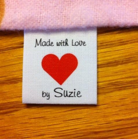 luvmylabels 40 Custom Precut NO FRAY Cotton Loop Fold Sewing Label/Tags with Heart Graphic in Color Ink-Made in USA