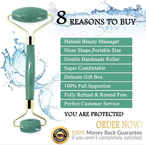 Jade Roller for Face- Real 100% Jade- Face Roller for Wrinkles, Anti Aging- Authentic, Durable, Natural, No Squeaks- Bonus Mask Brush