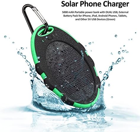 Solar Phone Charger, CarePedia 5000 mAh Portable power bank with DUAL USB, External Battery Pack for iPhone, iPad, Android Phones, Tablets, and Other 5V USB Devices (Green)
