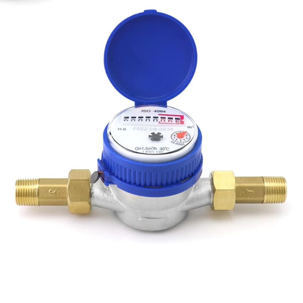Candeon Water Meter Cold·15mm 1/2 inch Cold Water Meter with Fittings for Garden & Home Usage