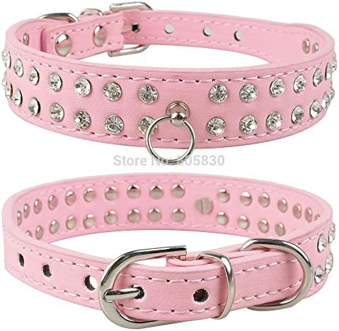 WeMore(TM)Bling 1.0"wide 2 Rows Rhinestone Leather Dog Collars for Puppy Pink Black Blue