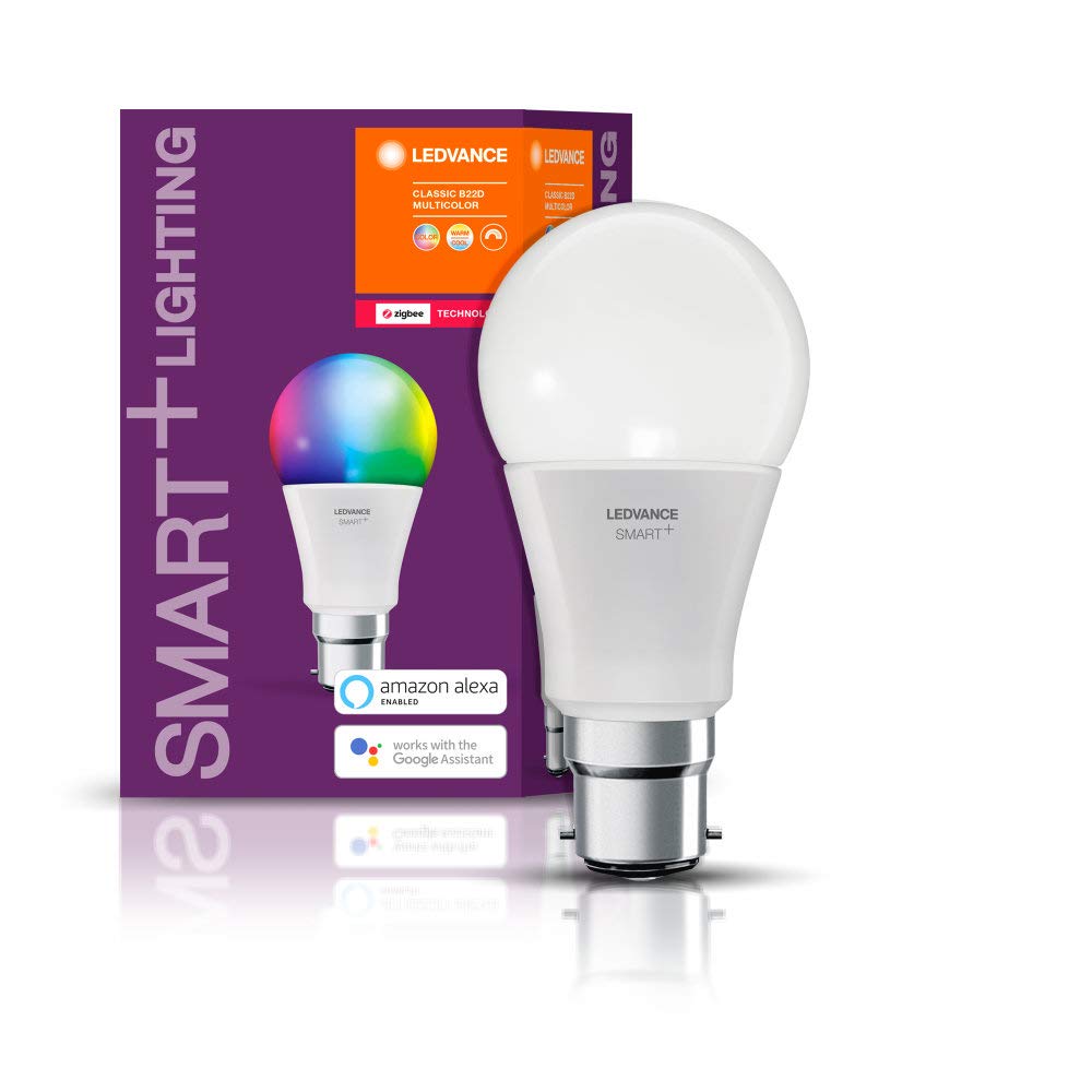 LEDVANCE LED lamp , Base: B22d , RGBW , 2000…6500 K , 10 W , replacement for 60 W Incandescent bulb , SMART+ Classic Multicolour [Energy efficiency class [AGGR] A+]