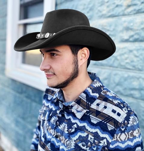 Eohak Womens Western Cowboy Hats Studded Pinched Western Cowgirl Hats Wide Brim Fedoras Hat with Belt Buckle (Size:Medium)