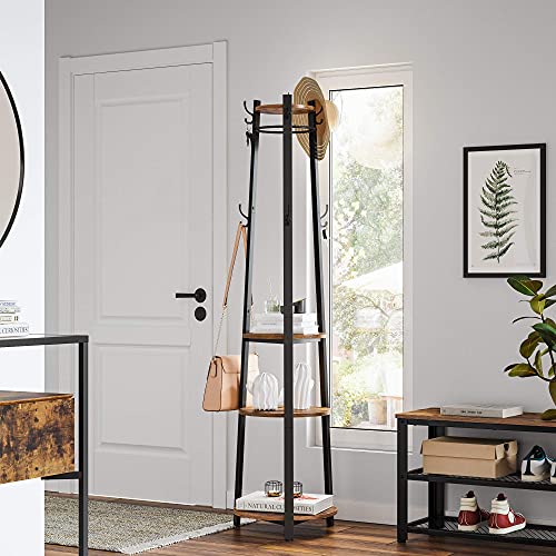 VASAGLE Coat Rack, Coat Stand with 6 Hooks, 3 Round Shelves, Steel