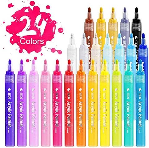 STA Acrylic Paint Marker Pens 24 Colors Medium Point Tip Art Markers for DIY Glass, Ceramic, Rock, Wood, Canvas, Metal, Fabric, Highly Pigmented Acrylic Pens