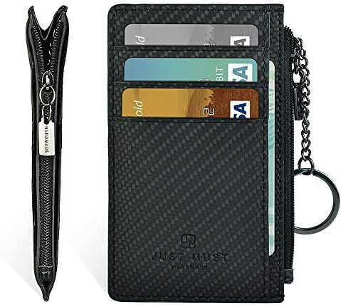 Slim Minimalist Wallets, Front Pocket Top Zip Thin Credit Card Holder Leather Purse with Key Ring (Carbon Black)