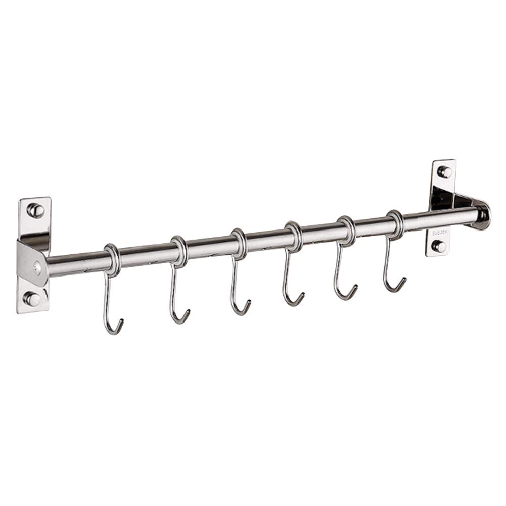 Stainless Steel Kitchen Hanger Storage Hooks - Space Saver Utensil Rack, Wall Mounted Rail With 6/8 Removable Hooks for Bathrooms, Hotel (6 Hooks)
