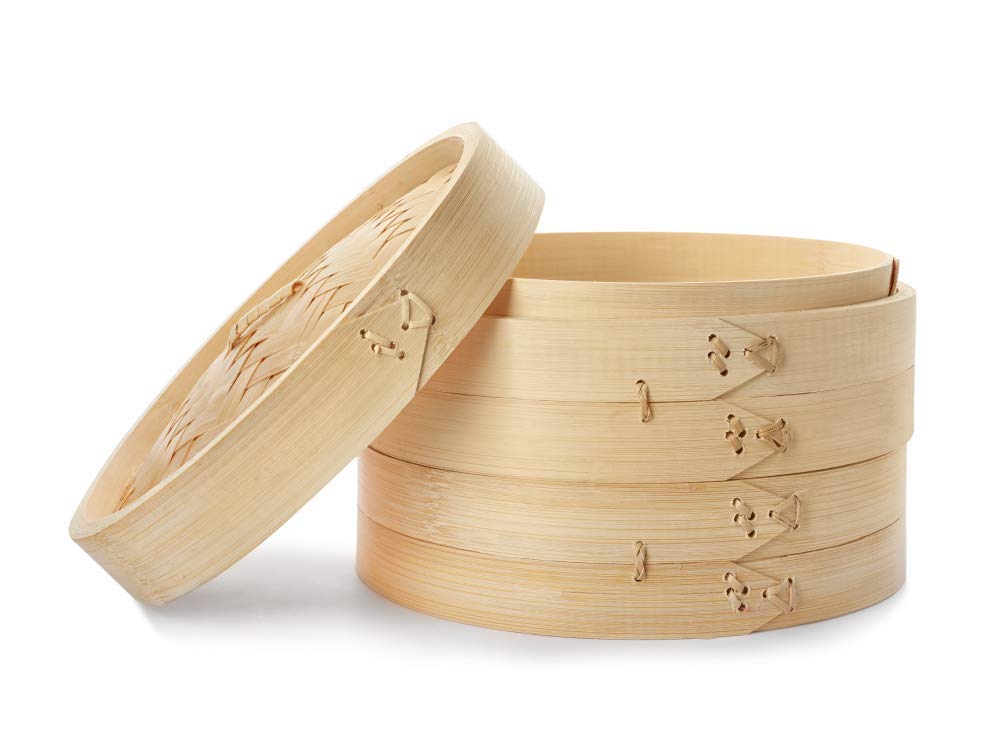 Bamboo Steamer - 100% Eco Friendly Food Pot Basket Set - 2 Tier and 3 Piece Steamer Storage Bin - Perfect for Healthy Cooking by Royal Brands
