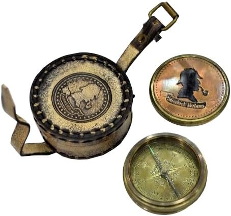Sherlock Holmes Compass in Leather Case Magnetic Brass Compass