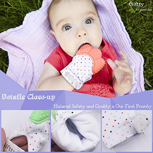 Baby Teething Mittens, Teething Glove for Baby, Smiling Teething Toys Mitten, Self-Soothing Stand on Hand mitt with Handy Travel Bag (Orange)