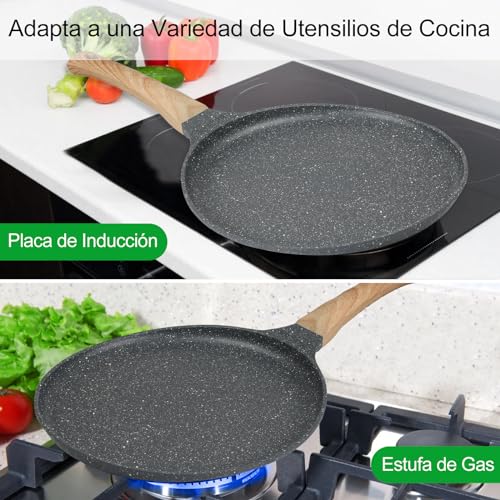 GOHOMKIC Crepera con Revestimiento Antiadherente 28cm con Espátula para Untar Tortitas, Válido para Cocinas de Gas y Cocinas de Inducción