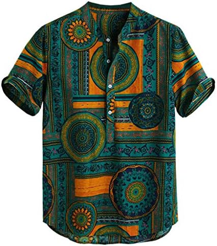 Men's Henley T-Shirts Casual Banded Collar Short Sleeve Ethnic Style Printed Summer Beach Shirts Tops