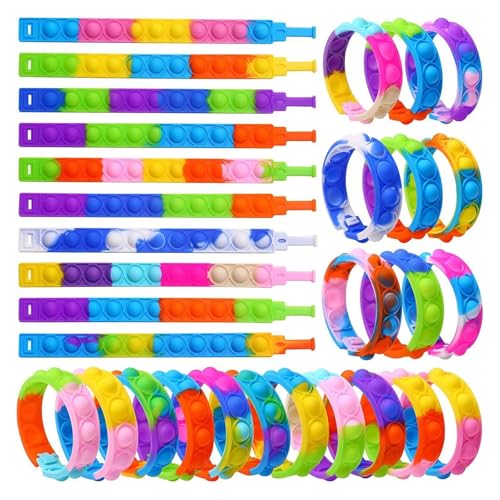 YUHOHO 50 Piezas Juego Push Pop It Burbuja Juguete Antiestrés Pulsera,Pop Pulsera Fidget Juguetes,Mano Dedo Prensa Multicolor Silicona Muñequera Juguete,Alivio estrés Finger Press Pulsera Silicona