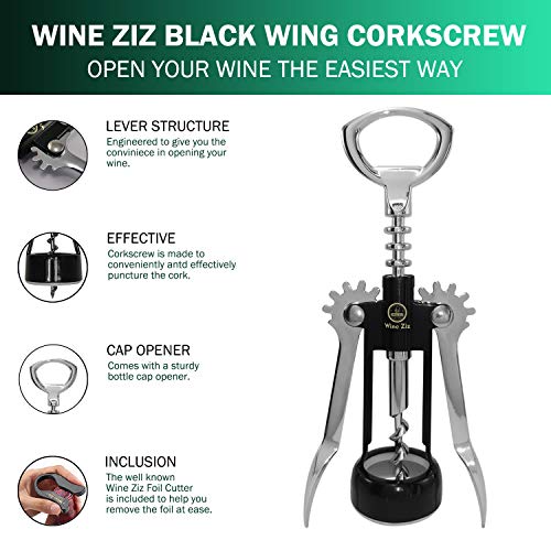 Wine Ziz Black Small Wing Corkscrew Bottle Opener with Bonus Foil Cutter | Sturdy Metal Cork Screw | Built-In Beer Cap Opener Accessories | Best Housewarming Kitchen Gift for Women and Men