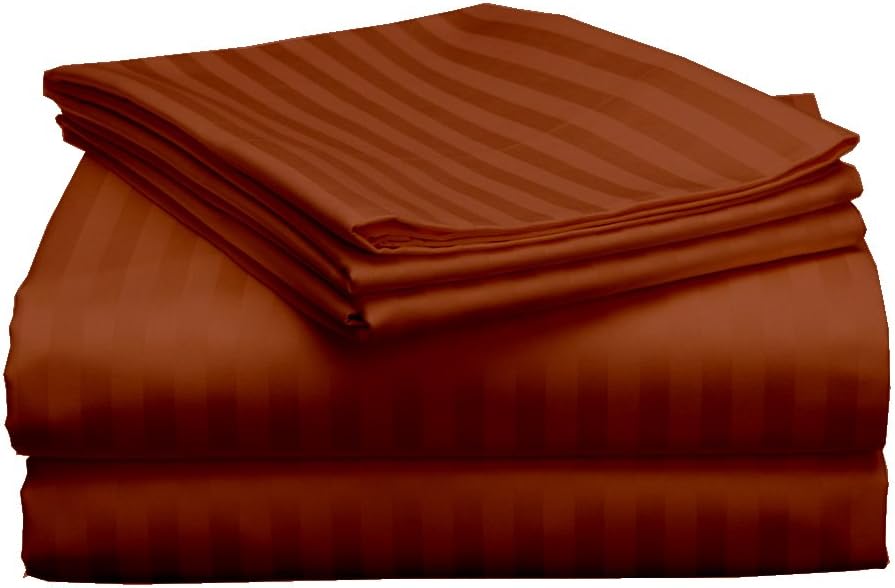 Rajlinen 100% Cotton Bed Sheets - 300 Thread Count Sateen - 10 to 15 inch Deep Pocket - Quality Luxury Bedding - 4 Piece Best Sheets for Bed, Breathable, Soft & Silky (Brick Red Stripe Queen)