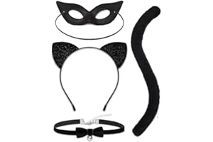 NVAZIOP Cat Costume Cat Ears Headband Necklace and Tail with Cat Mask, Black Cat Costume for Girls Women Cosplay Costome for Halloween