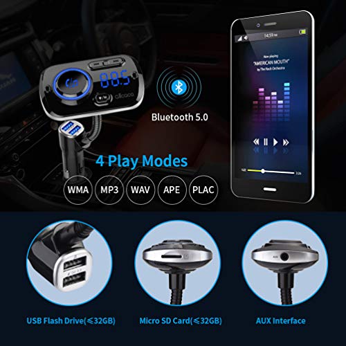 ALLCACA Car FM Transmitter Wireless Audio Adapter Receiver Hands Free Car Kit with QC3.0 Charging and 7-Color Backlit, 4 Play Modes