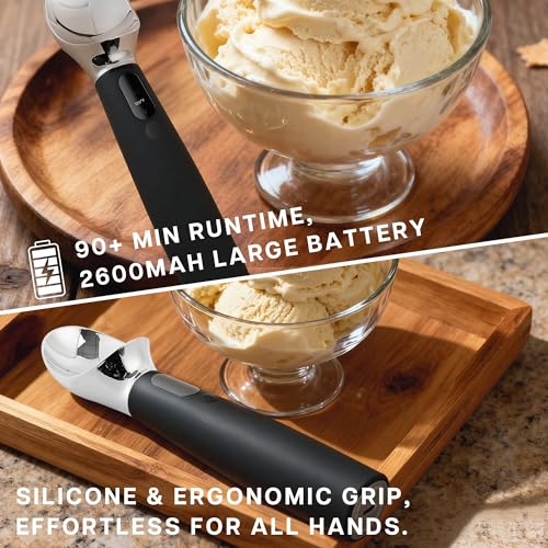 VRAIKO Heated Ice Cream Scoop | Warming Icecream Scooper with 3-Level Adjustable Heats - 120/140/160℉, LED Display, 2600mAh Capacity, Rechargeable | for Hard Ice Cream and More (Black)
