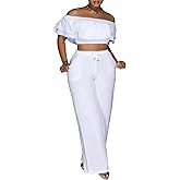 Ecirod Womens Summer Casual 2 Piece Outfits Sexy Ruffle Off The Shoulder Crop Top High Waisted Wide Leg Pants Set