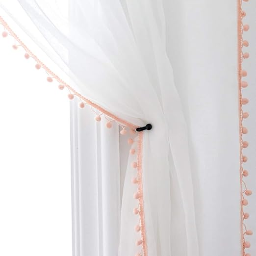 Amazon Com Selectex Linen Look Pom Pom Tasseled Sheer Curtains