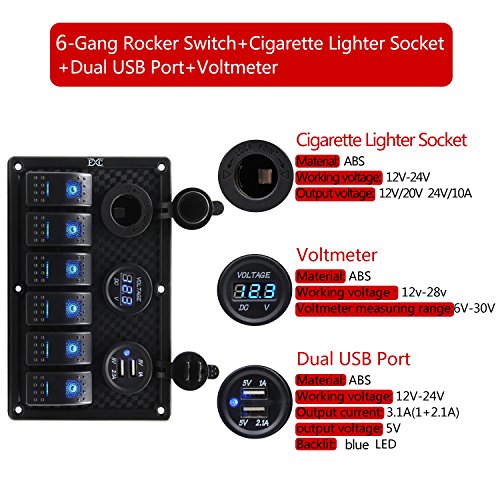FXC Waterproof Marine Boat Rocker Switch Panel 6 Gang with Dual USB Slot Socket + Cigarette Lighter + Digital Voltage Display LED Light for Car Rv Vehicles Truck (6 Gang Blue Light)