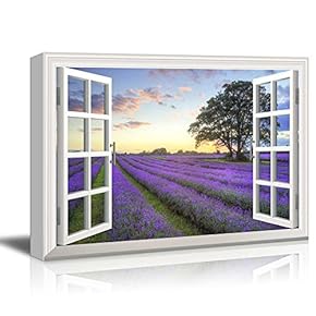 Creative Window View Canvas Prints Wall Art - Sunrise on a Purple Filed - 24" x 36"