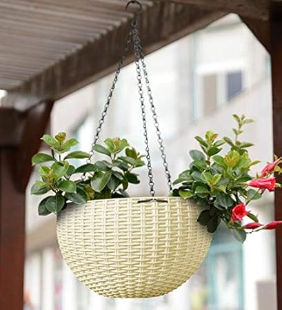YOUNG CRAFTS UV Treated Plastic Flower Pots with Hanging Chains for Balcony Garden Decor (Pack of 9) White Color