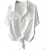 AEURPLT Women's Button Down Shirt Tie Front Short Sleeve Office Business Blouse Sheer Summer Casual Tops