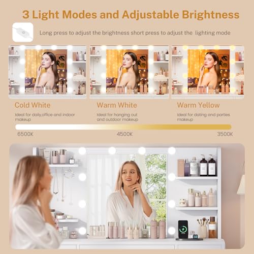 TEENFON Large Vanity Desk with 9 Drawers & Power Outlet, 6 Open Shelves and 5 Jewel Hooks, Makeup Vanity with Lighted Mirror, 3-Color LED & Adjustable Brightness, Dressing Table for Bedroom, White