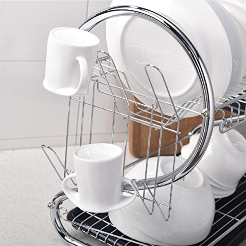 ENGELCH Rust-Proof Chrome Finished 2-Tier Kitchen Dish Drying Rack, Dish Rack With Black Drain Board, 1 Wide Tableware Rack and Knife Holder Accessory, 6 Independent Cup Holder Accessories