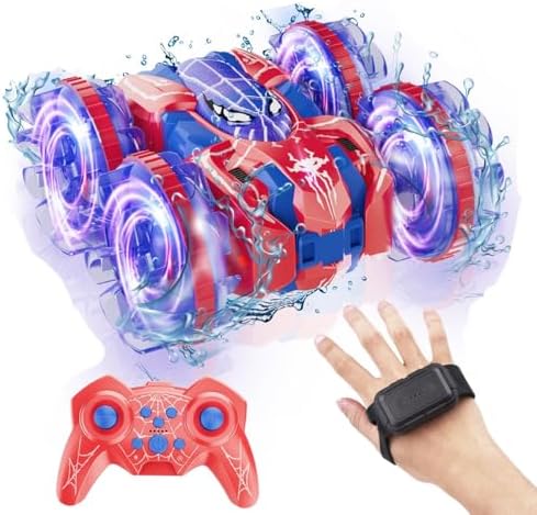 fygurso 4WD Waterproof Remote Control Car，Amphibious 2.4 GHz RC Cars Remote Control Boat，360°Rotation RC Stunt Car with LED Lights，Boys Girls Gifts All Terrain Water Beach Pool Toy (LY-016)